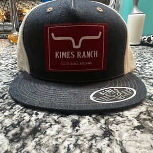 Kimes trucker hat. New with tags. Denim blue, red Kimes patch, and cream mesh.